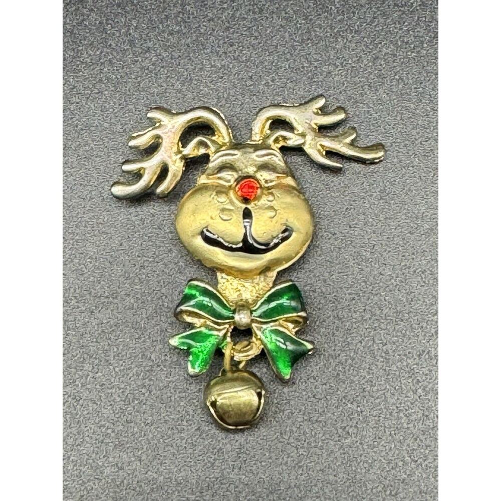 VTG Gold Colored Reindeer Jewelry Jingle Bell Christmas Lapel Pin Brooch